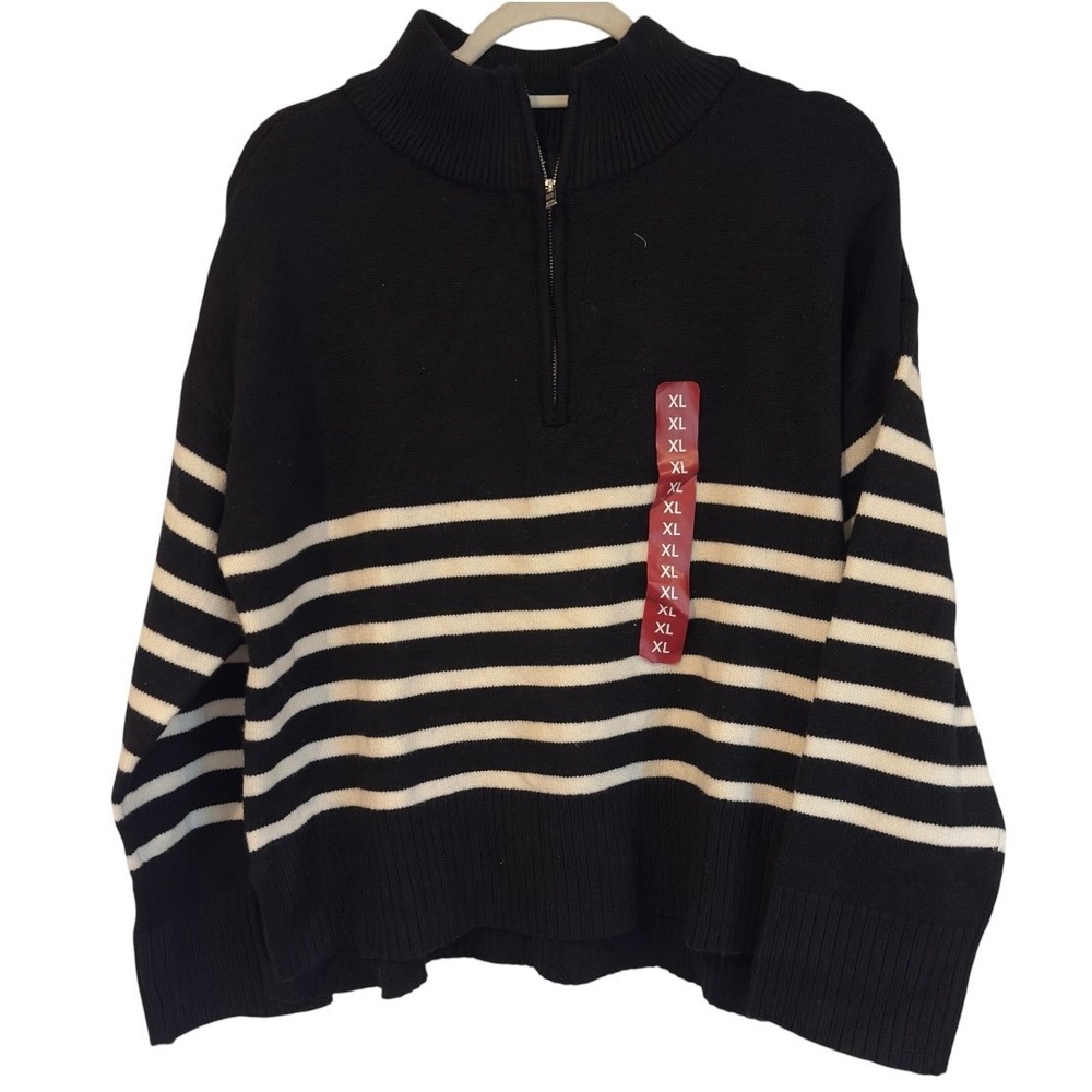 DKNY Womens Quarter Zip Striped Sweater Black White Mock Neck DJ5RO975 XL